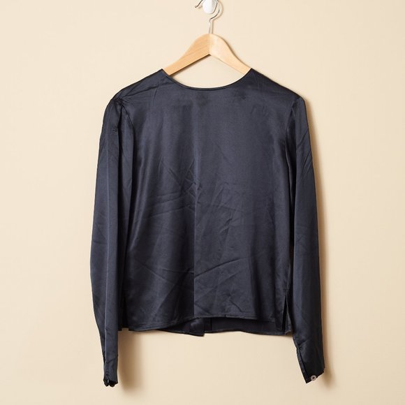 Longsleeve Navy 100% Silk Blouse Button Back 10 - Picture 1 of 5